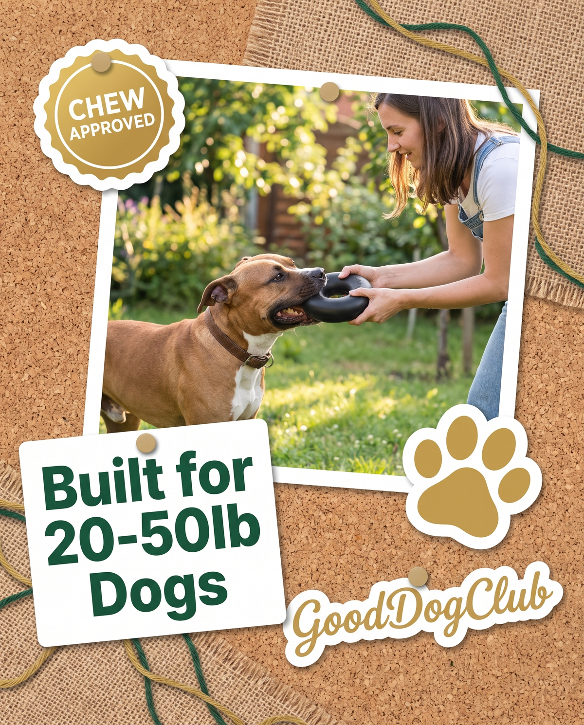 Chomper Doughnut sticker corkboard ad, Staffordshire Terrier tug-of-war