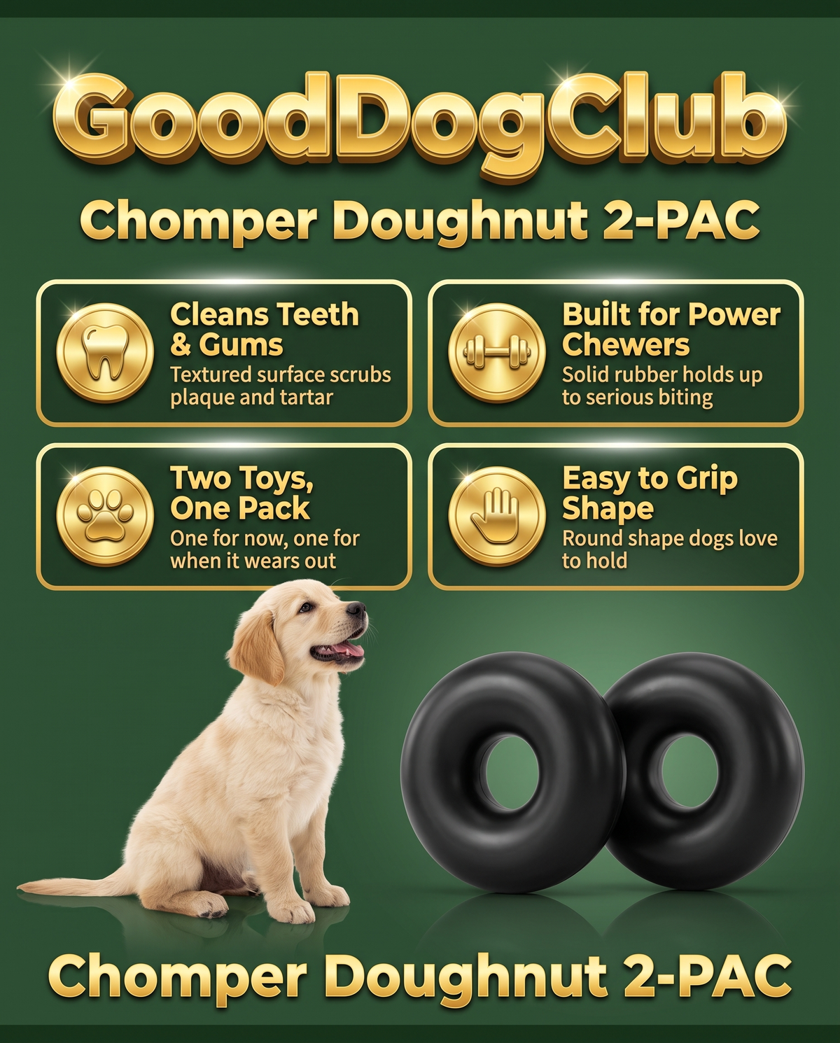GoodDogClub Chomper Doughnut 2-PAC gold infographic with benefits