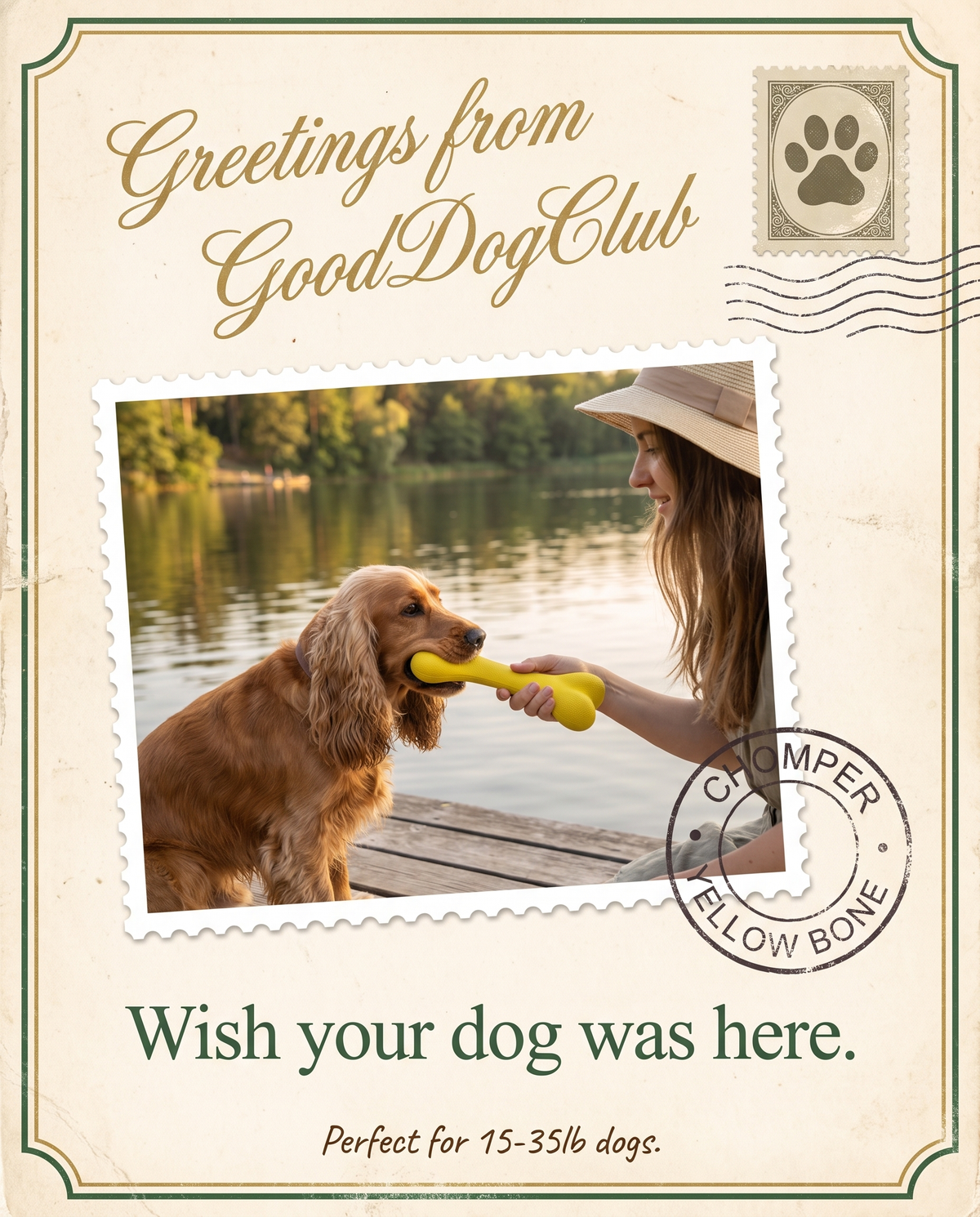 Chomper Yellow Bone vintage postcard style ad, Cocker Spaniel tug-of-war