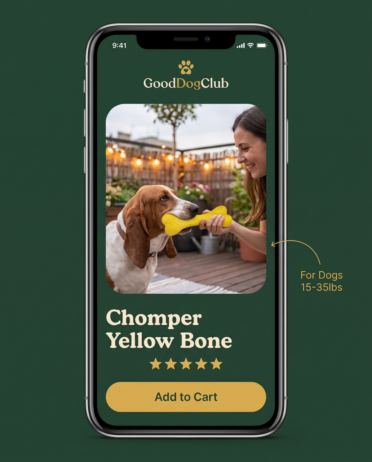 Chomper Yellow Bone app-screenshot mockup ad, Basset Hound tug-of-war