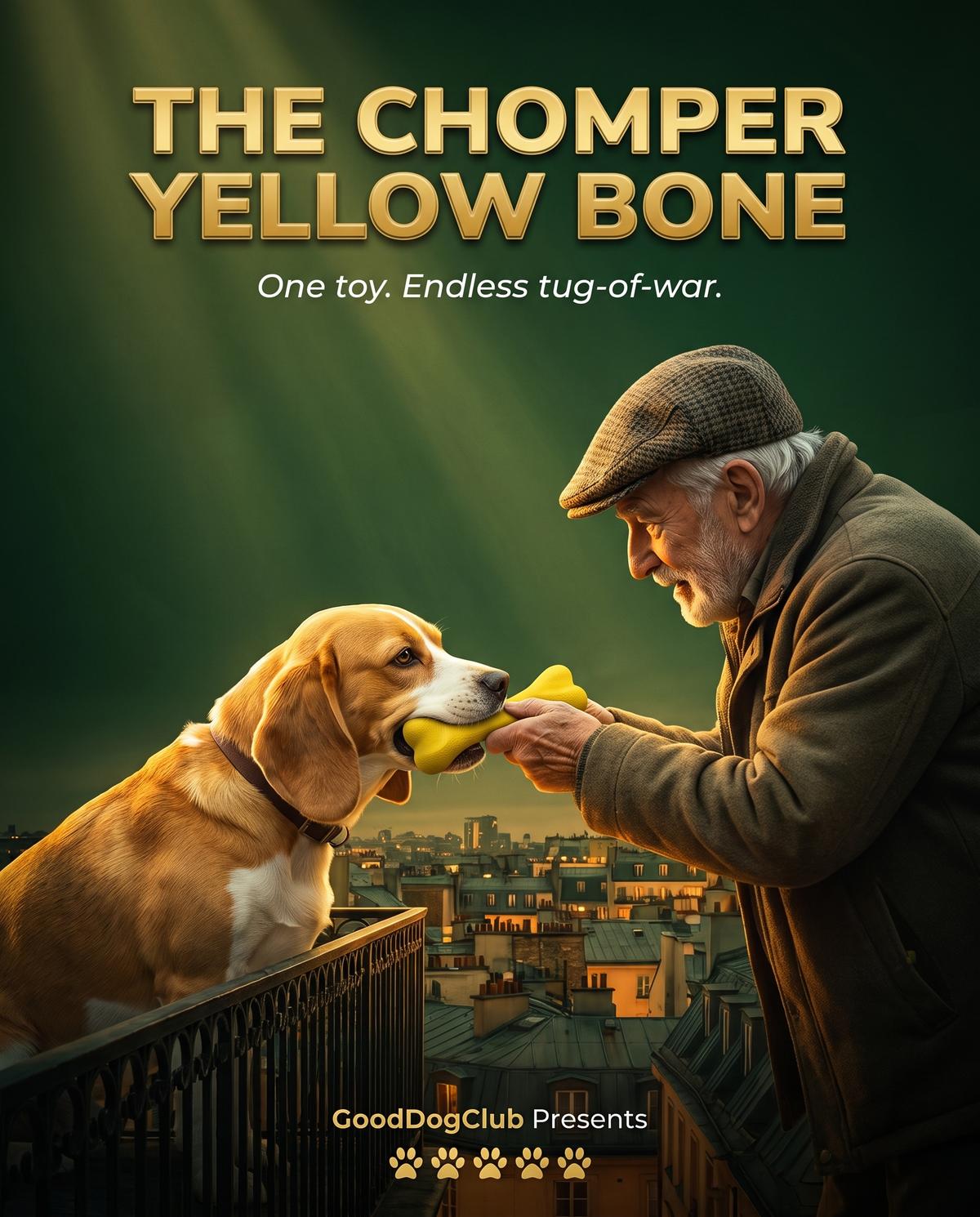 Chomper Yellow Bone movie poster style ad, Beagle tug-of-war