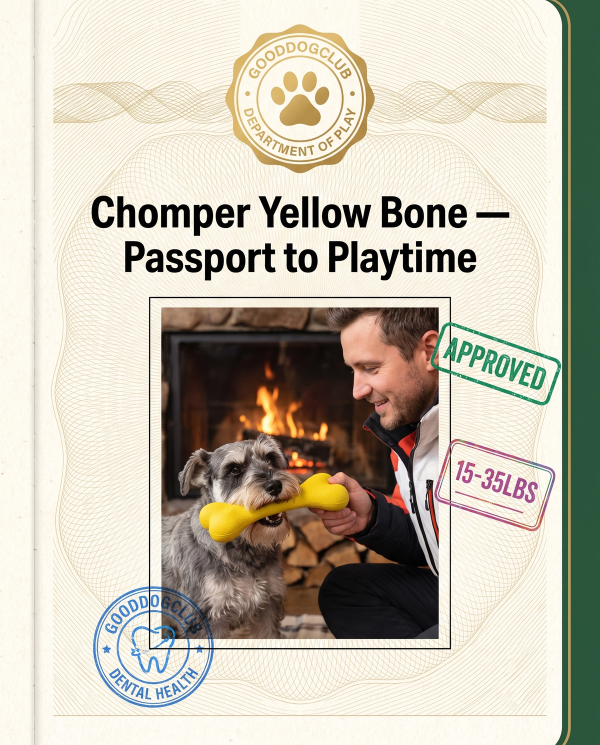 Chomper Yellow Bone passport style ad, Miniature Schnauzer tug-of-war