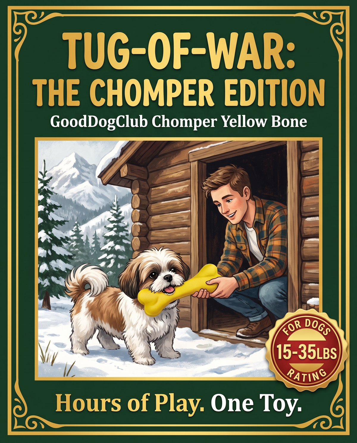 Chomper Yellow Bone board game box style ad, Shih Tzu tug-of-war