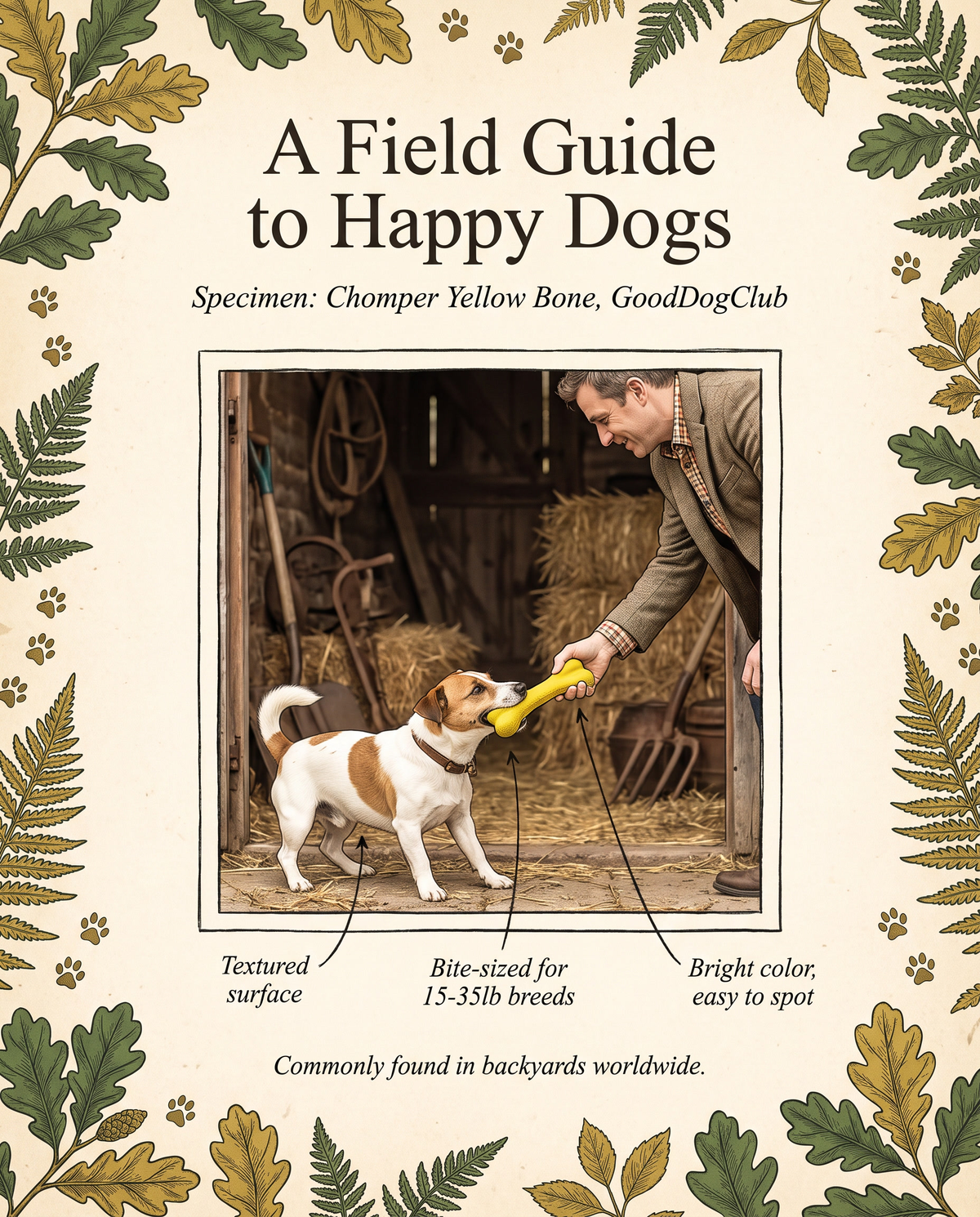 Chomper Yellow Bone field-guide style ad, Jack Russell Terrier tug-of-war