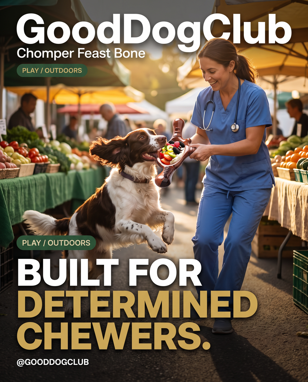 Chomper Feast Bone bold minimal poster ad, Springer Spaniel farmers market