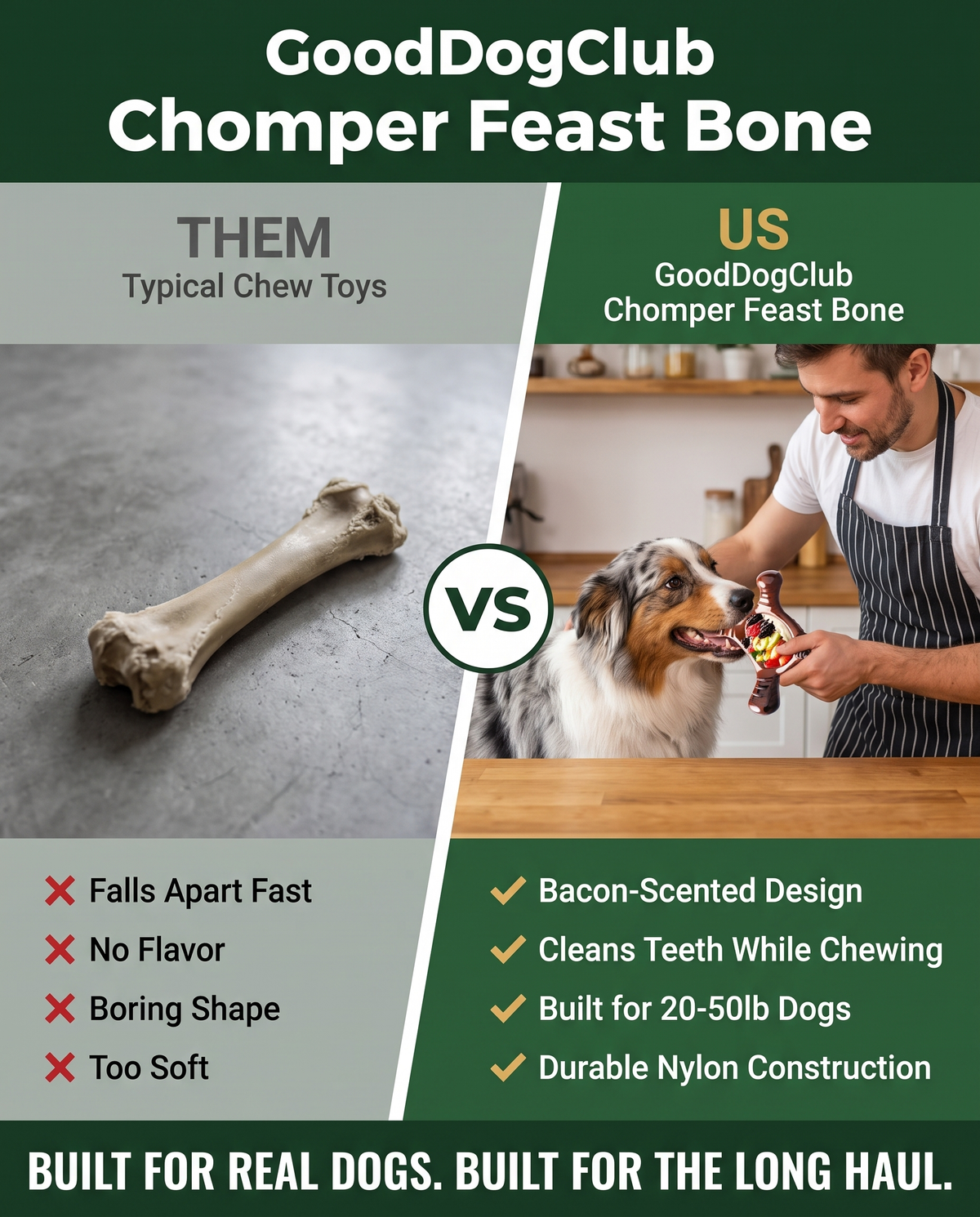 Chomper Feast Bone before/after comparison ad, Australian Shepherd kitchen