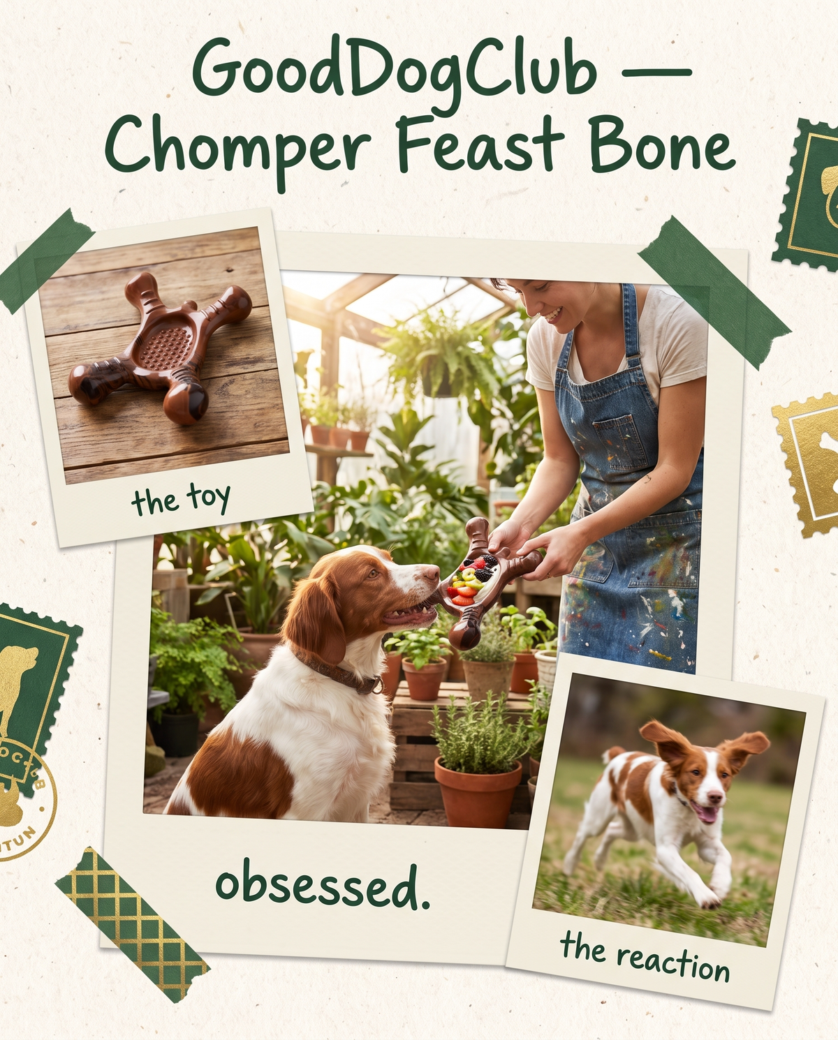 Chomper Feast Bone polaroid collage ad, Brittany Spaniel greenhouse