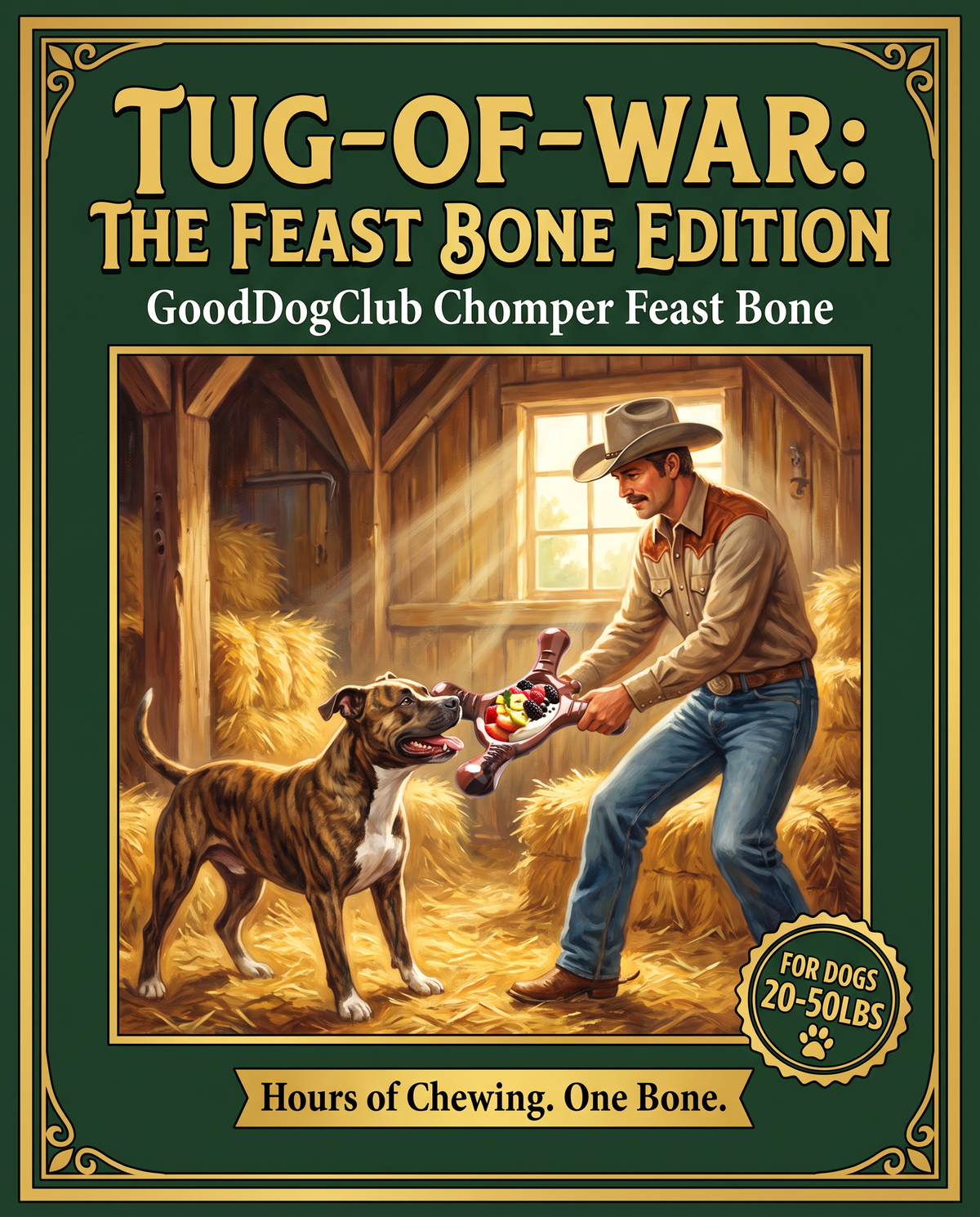 Chomper Feast Bone board game box ad, Staffordshire Terrier barn