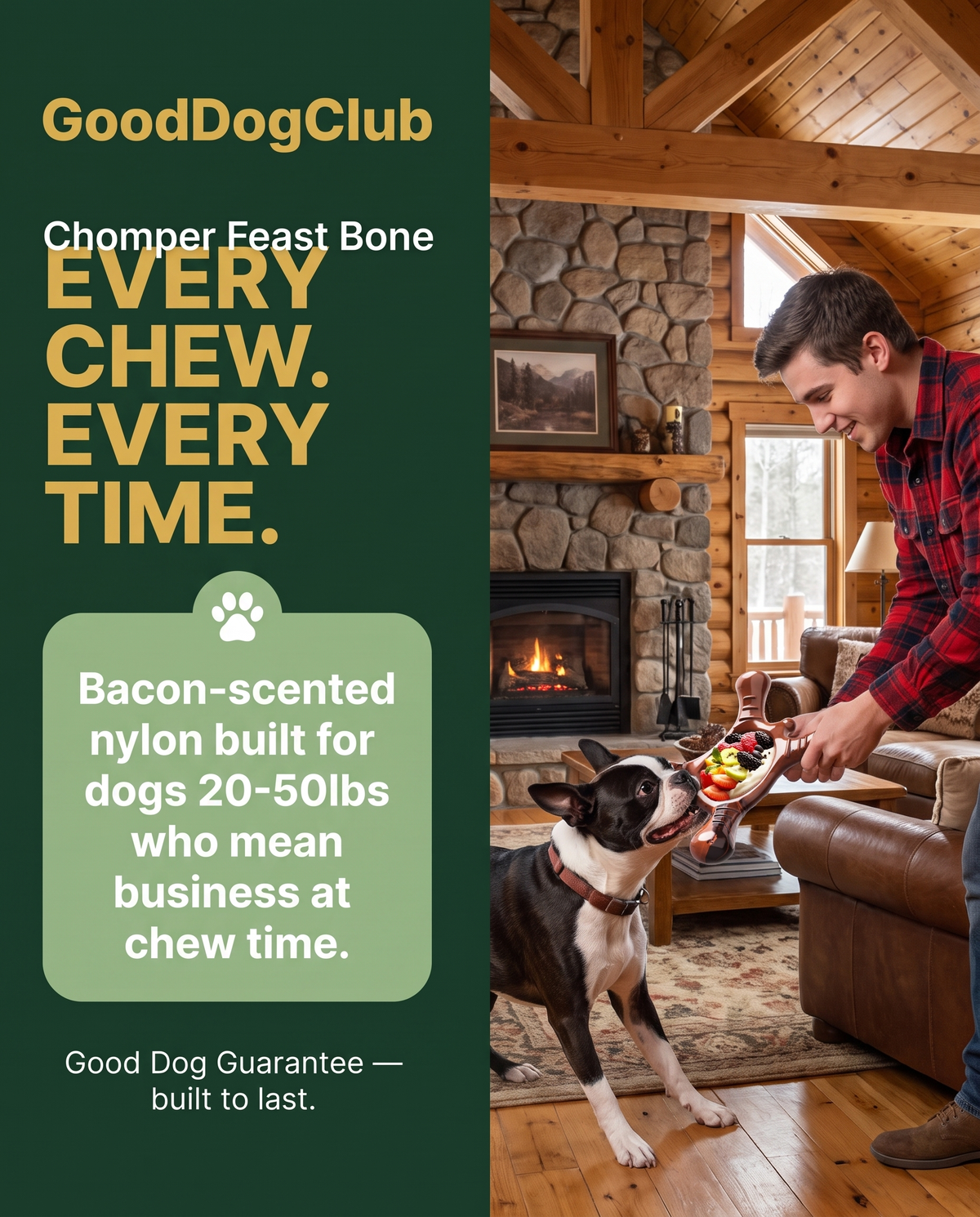 Chomper Feast Bone two-tone panel ad, Boston Terrier mountain cabin