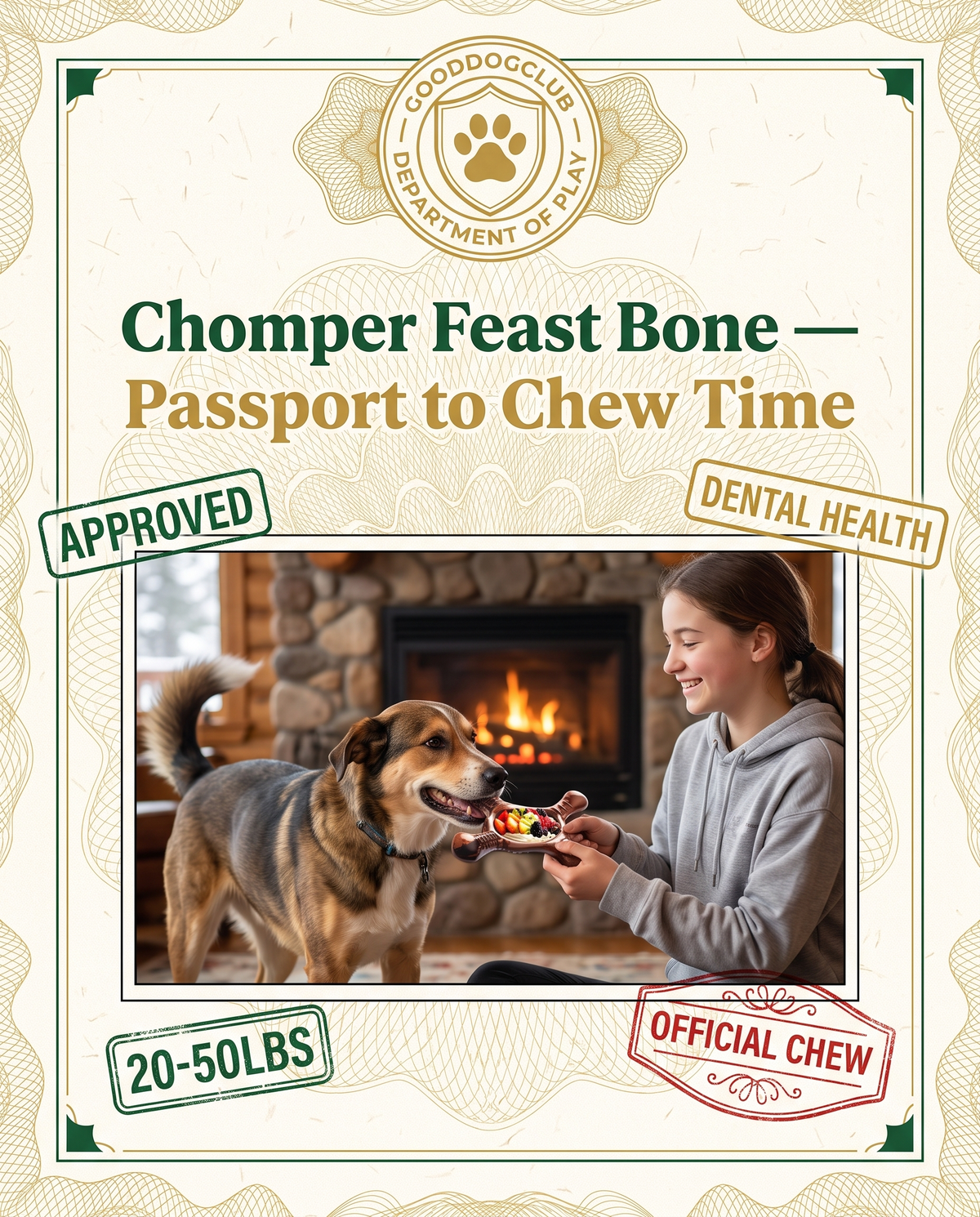 Chomper Feast Bone passport style ad, ski lodge