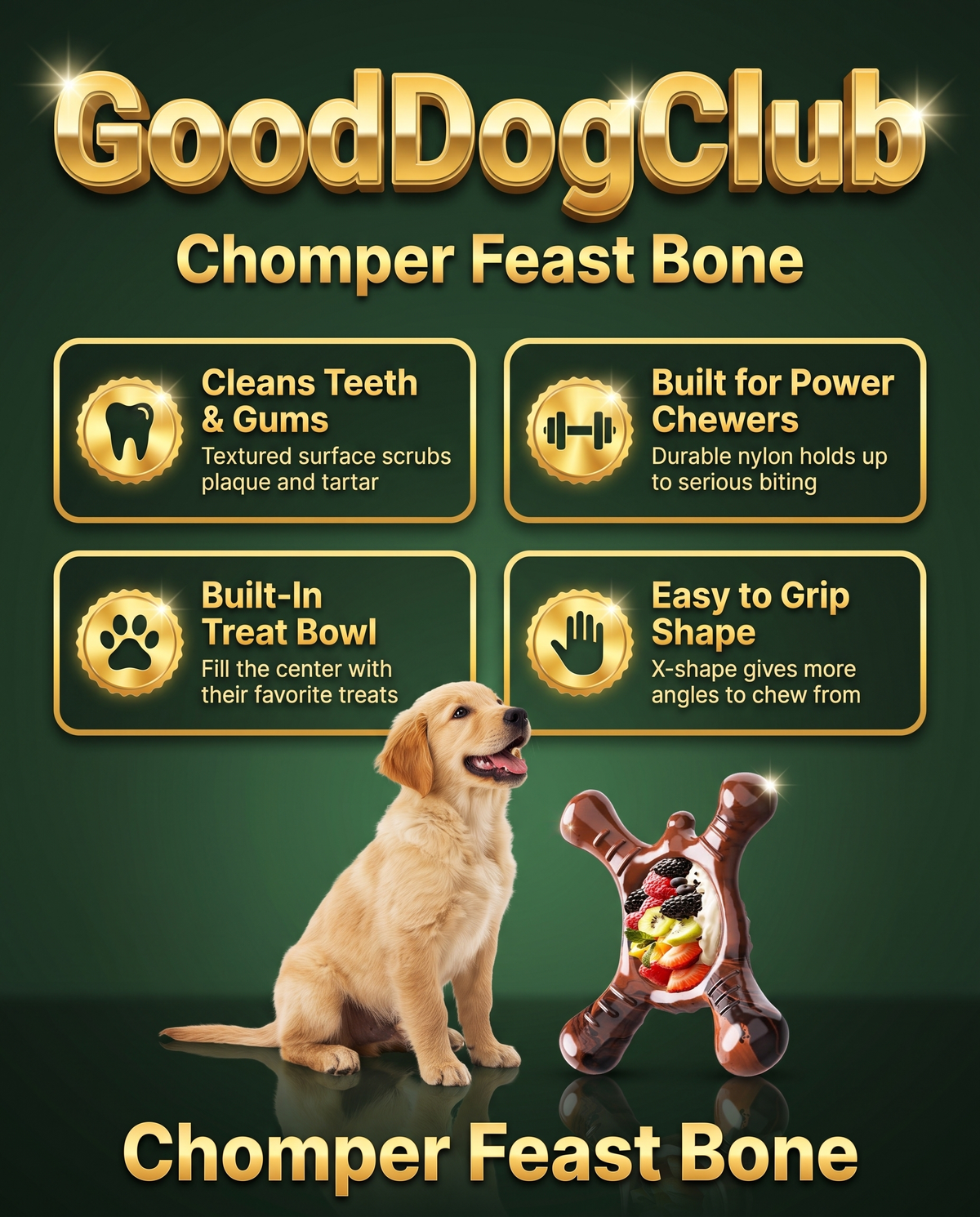GoodDogClub Chomper Feast Bone gold infographic with benefits