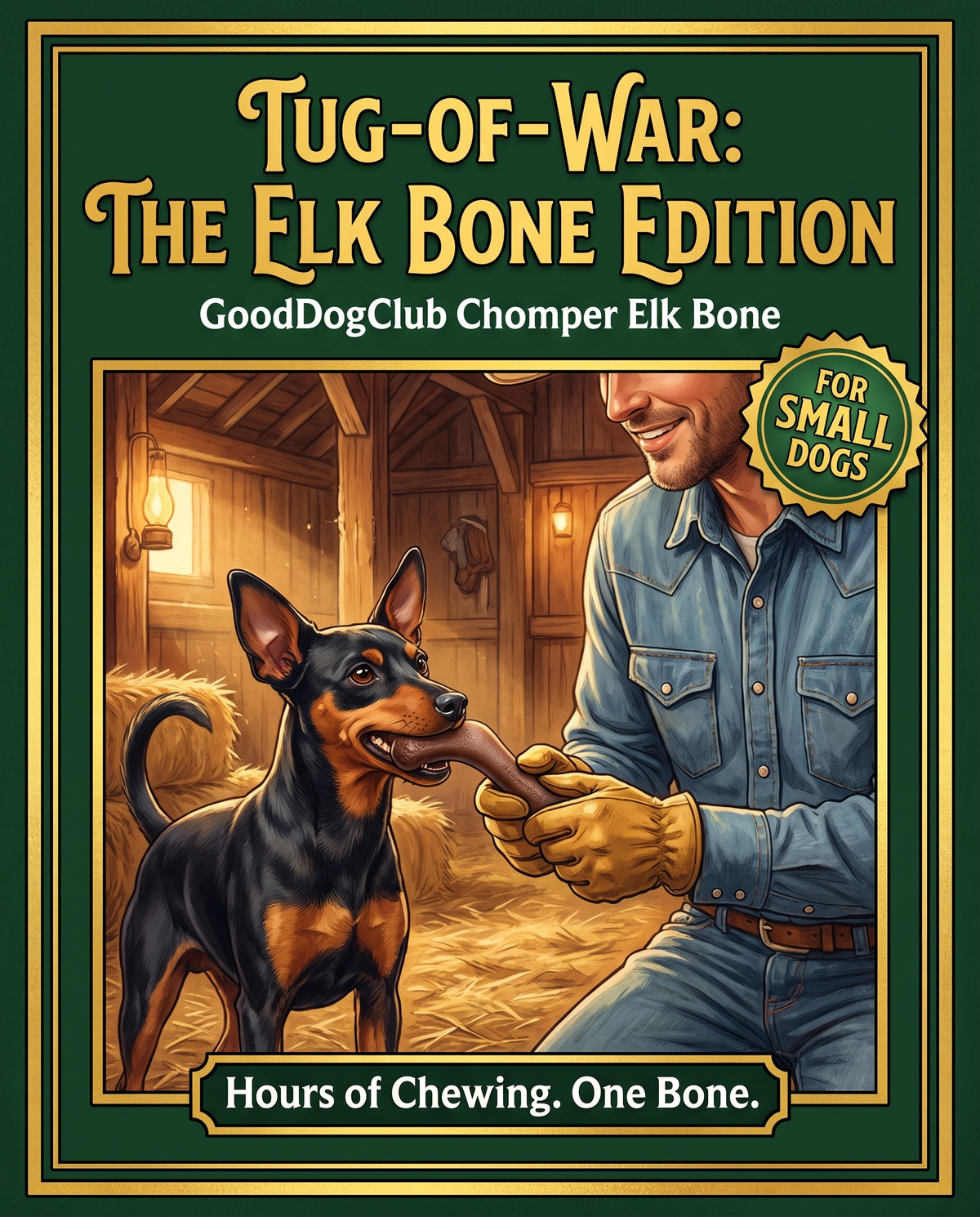 Chomper Elk Bone board game box ad, Miniature Pinscher barn
