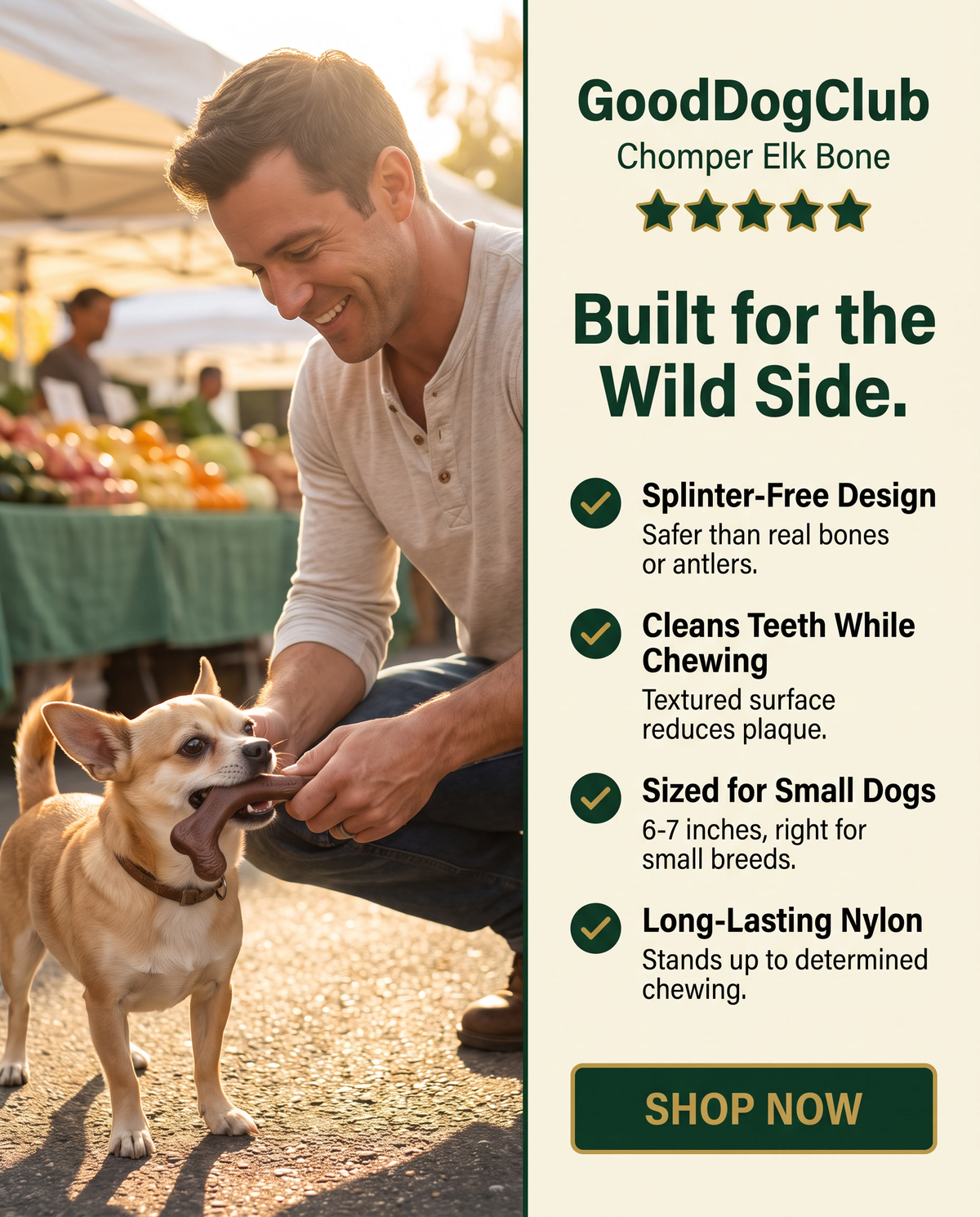 Chomper Elk Bone split-panel checklist ad, Chihuahua farmers market