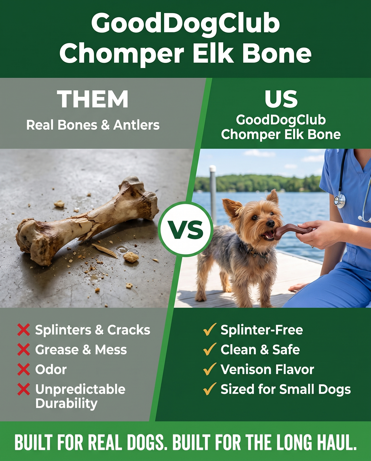 Chomper Elk Bone before/after comparison ad, Yorkshire Terrier lake dock