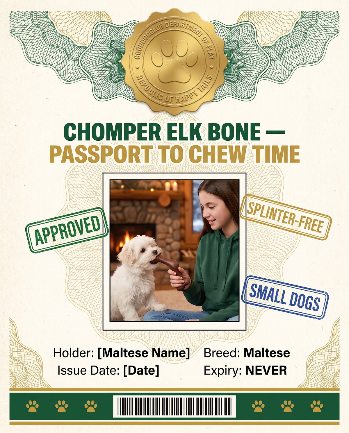 Chomper Elk Bone passport style ad, Maltese ski lodge