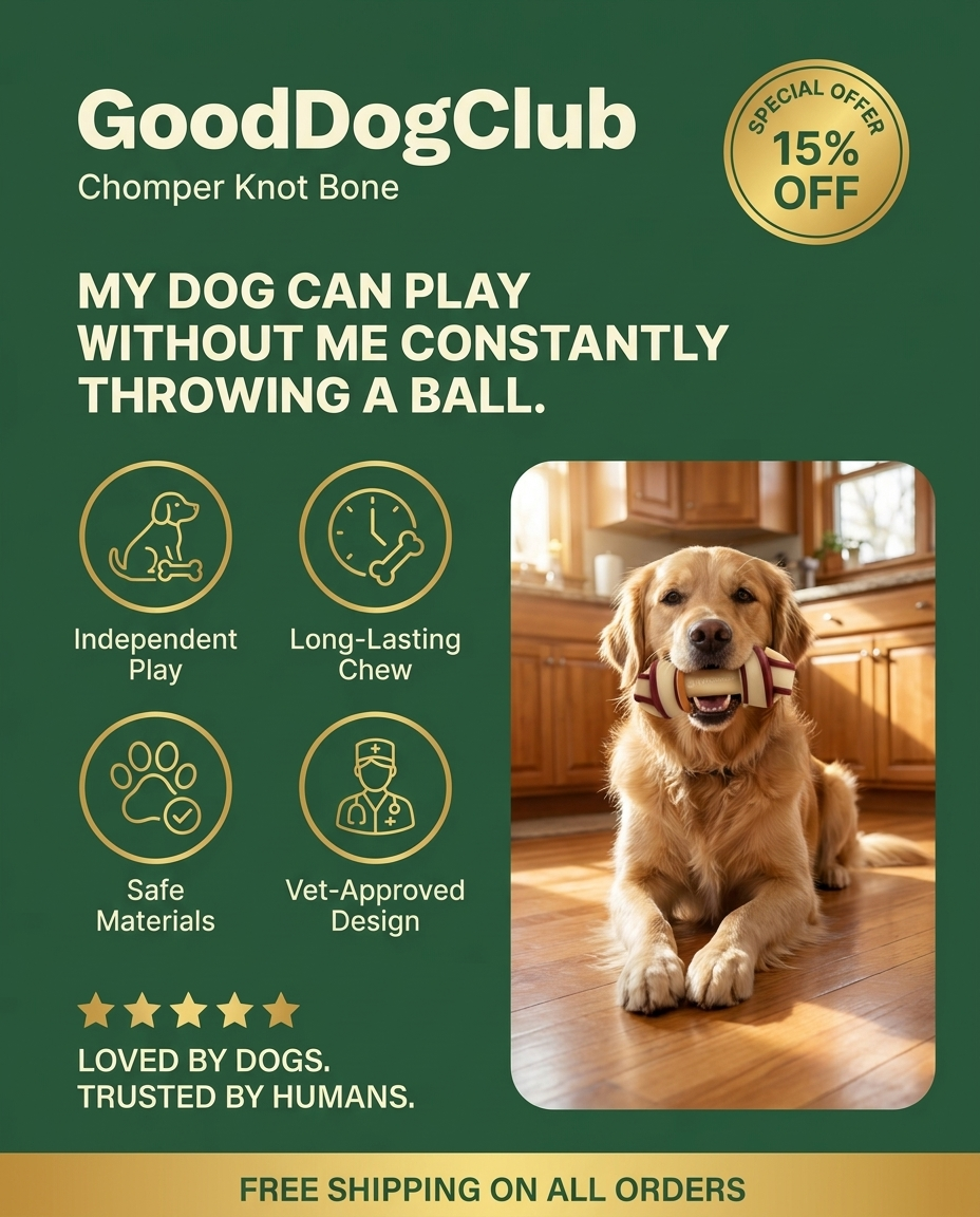 Golden Retriever gnawing Chomper Knot Bone in kitchen