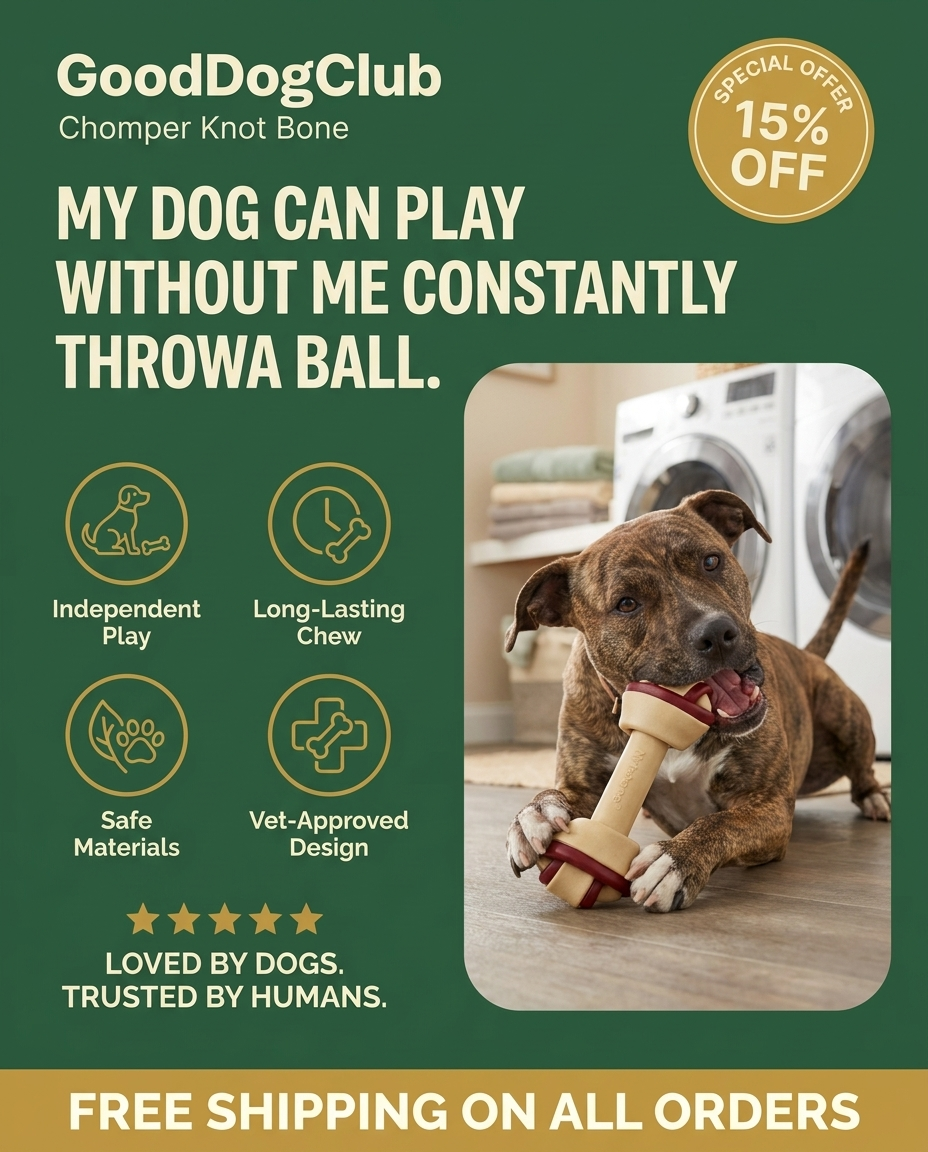 Pit Bull mix gnawing Chomper Knot Bone in laundry room