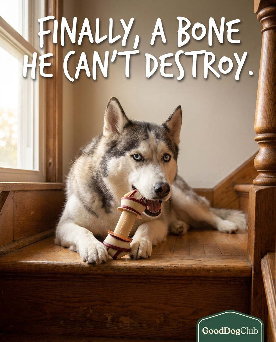 Siberian Husky gnawing Chomper Knot Bone on staircase landing