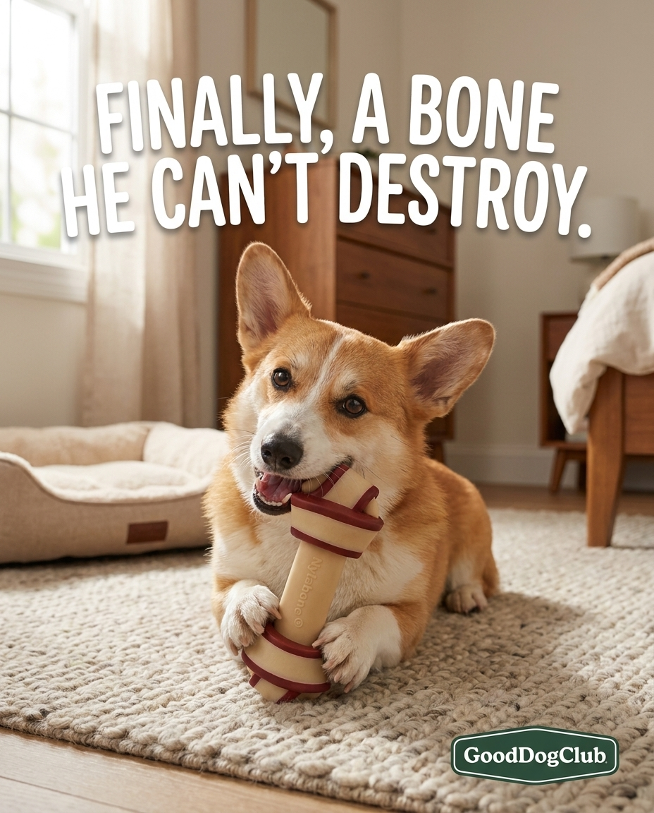 Corgi gnawing Chomper Knot Bone next to dog bed