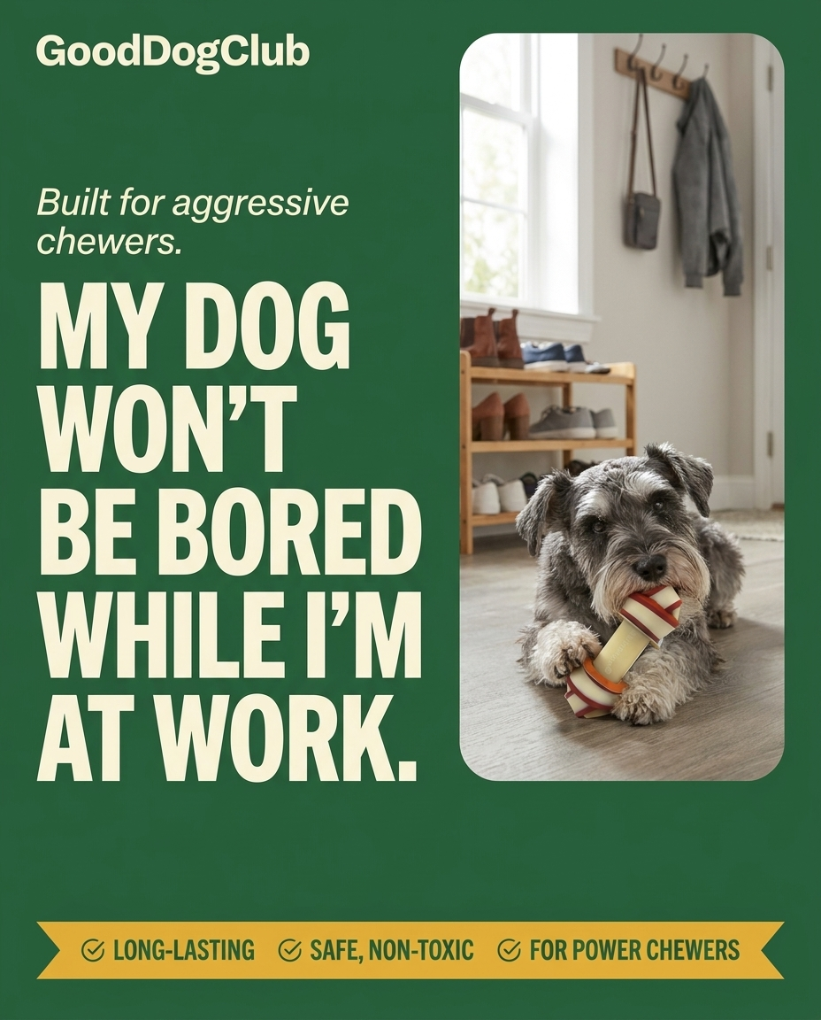 Schnauzer gnawing Chomper Knot Bone in apartment entryway