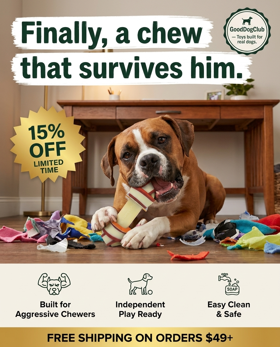 Boxer gnawing Chomper Knot Bone in home office