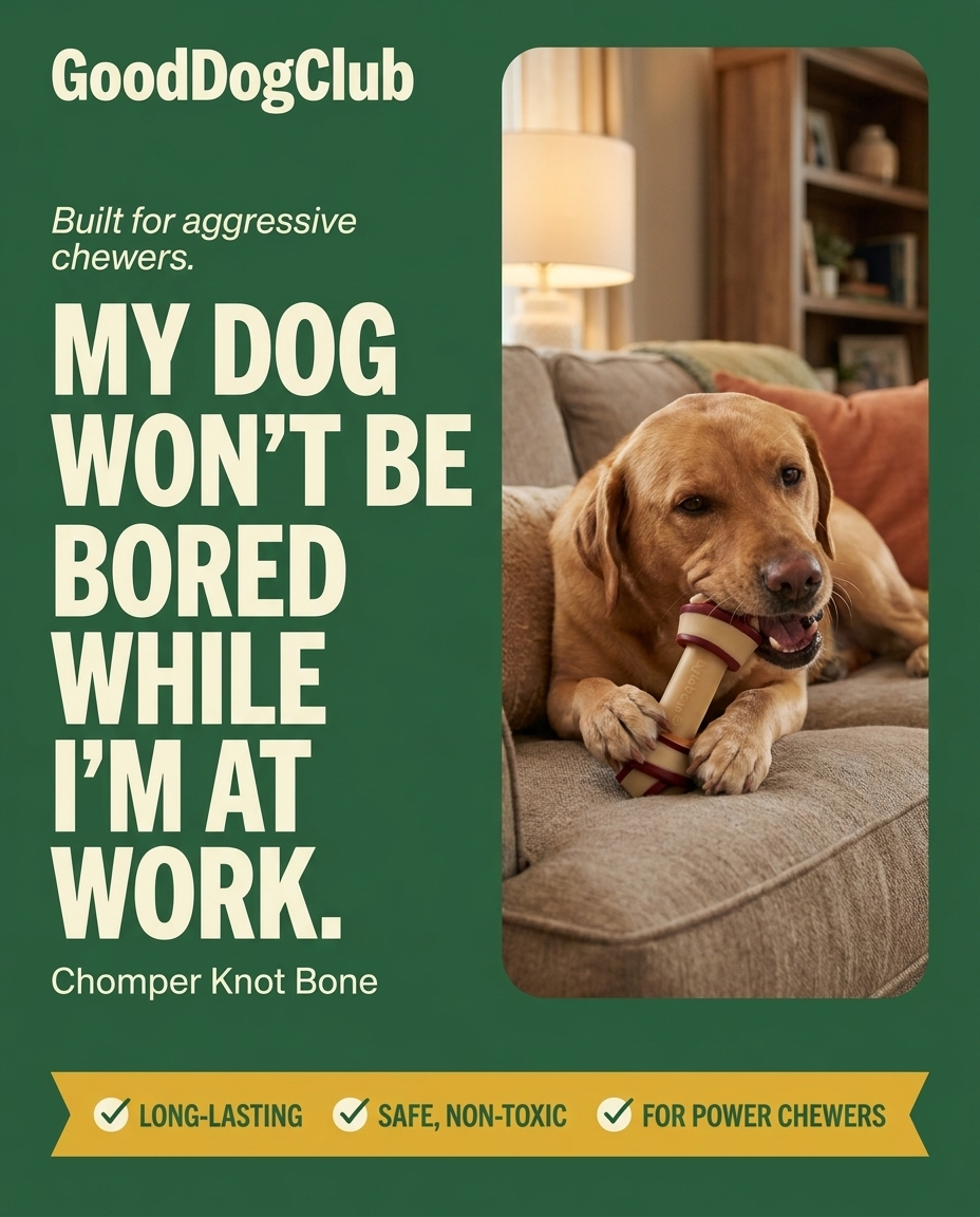 Labrador Retriever gnawing Chomper Knot Bone on a living room couch
